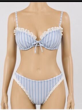 Striped Blue & White Lace Bikini Set
